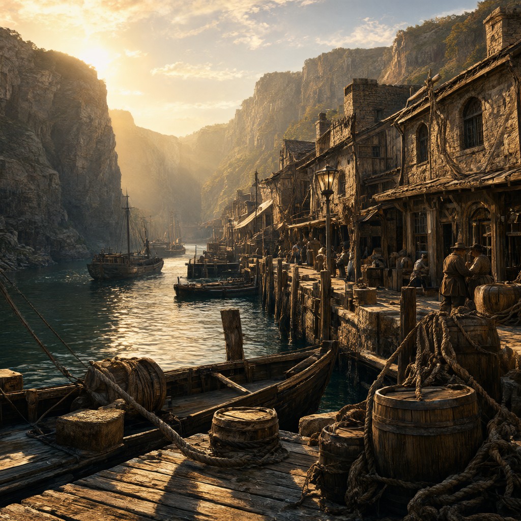 Stone and timber warehouses along a river quay with boats, barrels and rope, the gorge narrowing upstream in gold light