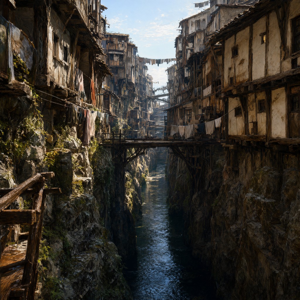 Looking along the narrowest part of Salthread: timbered houses on both cliff walls, laundry lines and a footbridge crossing above a dark river slot