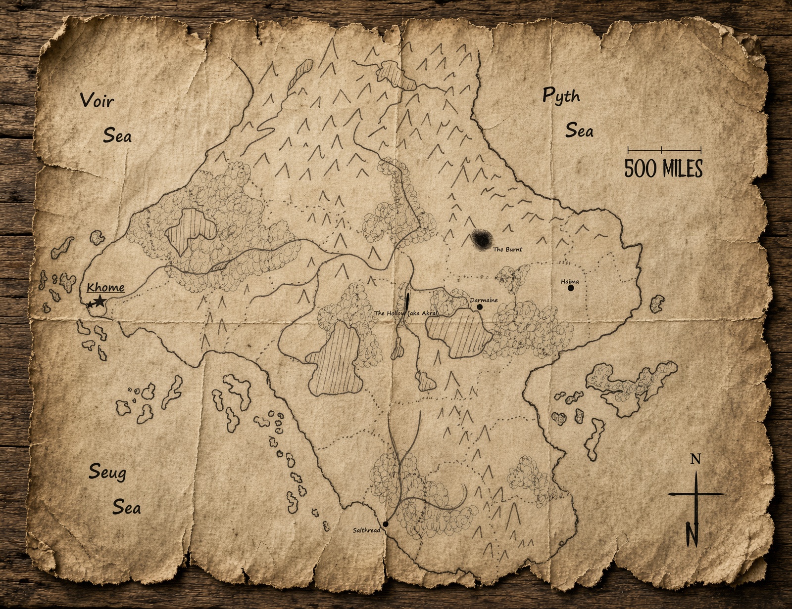 Hand-drawn parchment map of Seug between the Voir, Pyth and Seug Seas, marking Khome, Salthread, Darmaine, Haima, the Hollow (aka Akral) and the Burnt, with a 500-mile scale bar