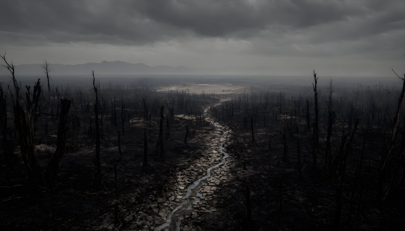 Charred land to the horizon under low gray clouds, half-burnt trees standing in ash and a dry riverbed winding through