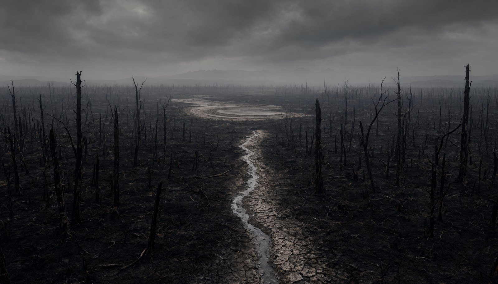The Burnt: charred land, half-burnt trees and low gray clouds. Dry Riverbed