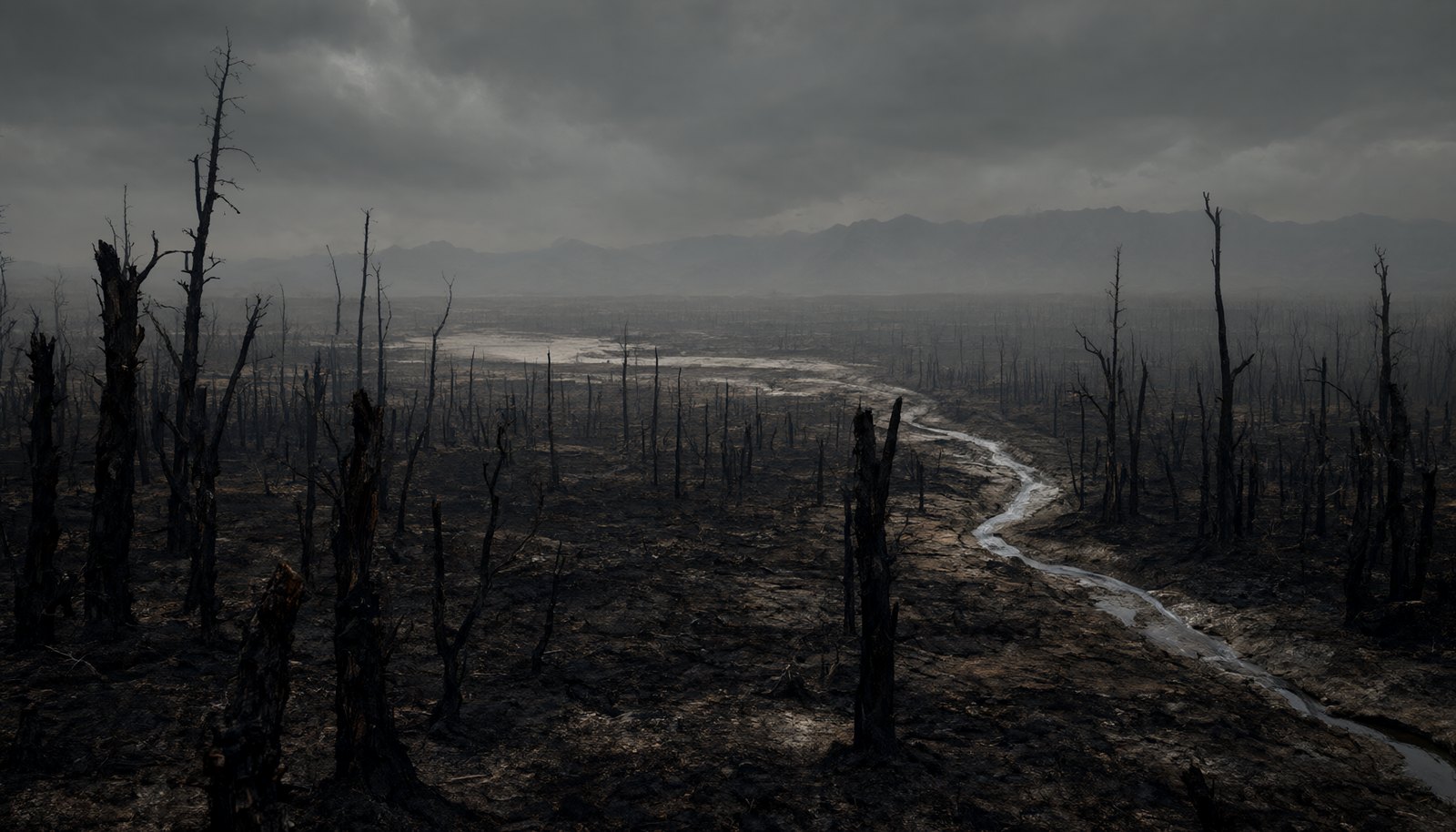 The Burnt: charred land, half-burnt trees and low gray clouds. The Dead Forest