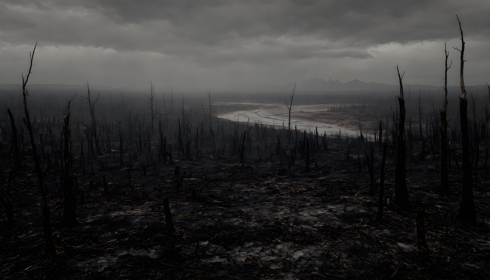The Burnt: charred land, half-burnt trees and low gray clouds. A Dried Lake