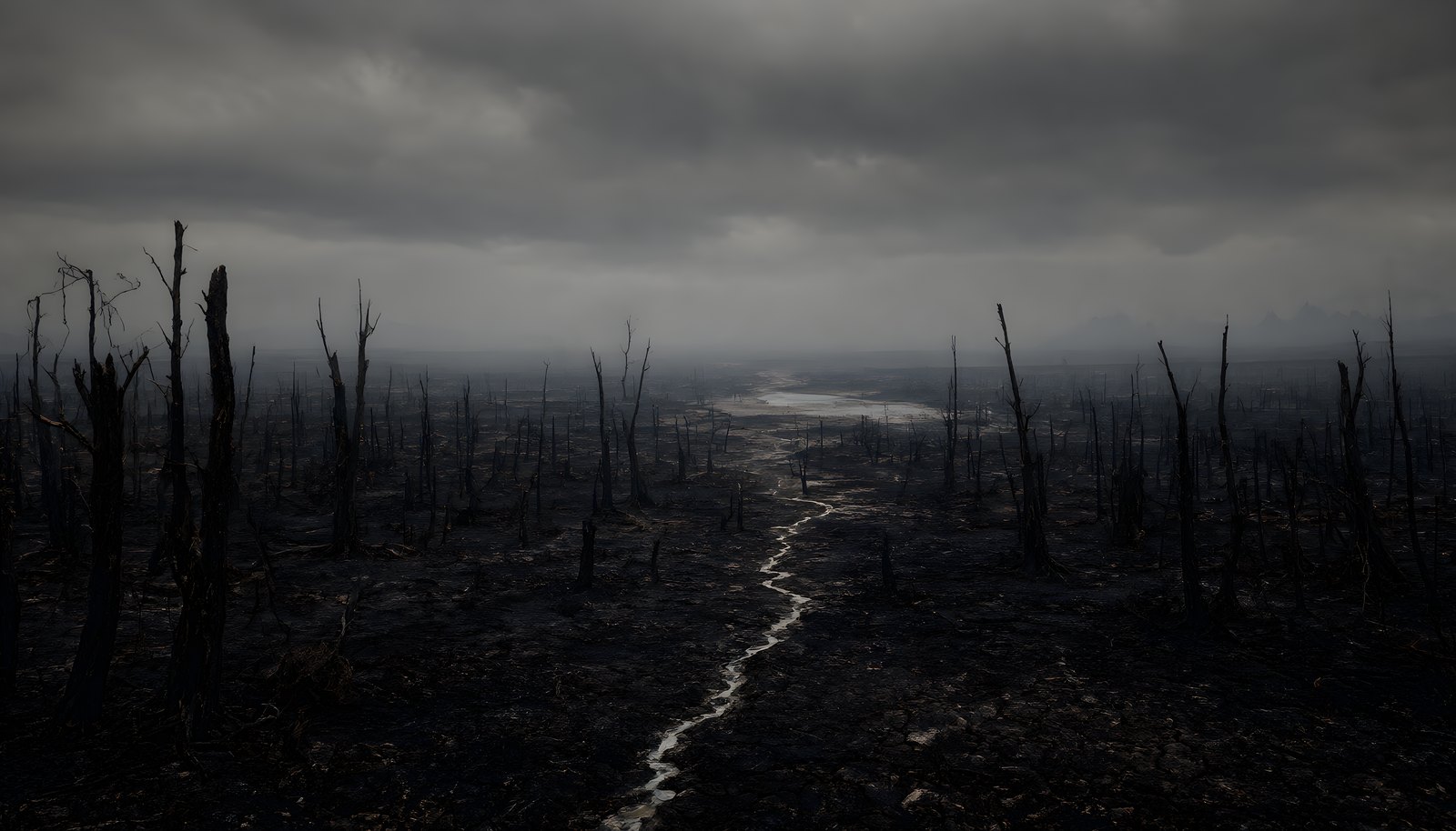 The Burnt: charred land, half-burnt trees and low gray clouds. The Pall