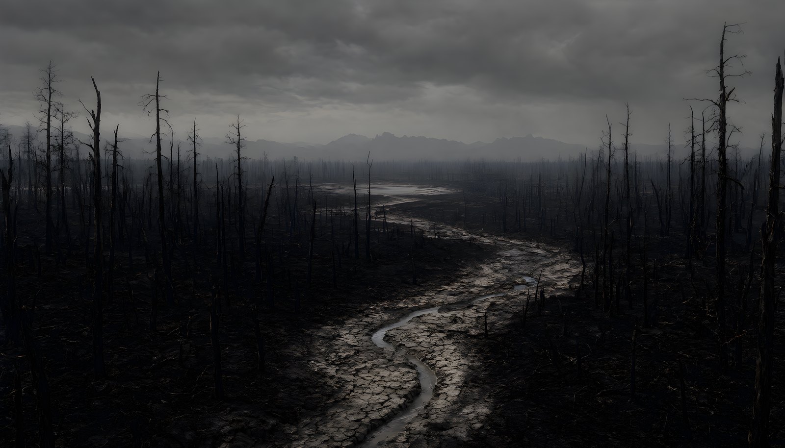The Burnt: charred land, half-burnt trees and low gray clouds. Toward God's Home