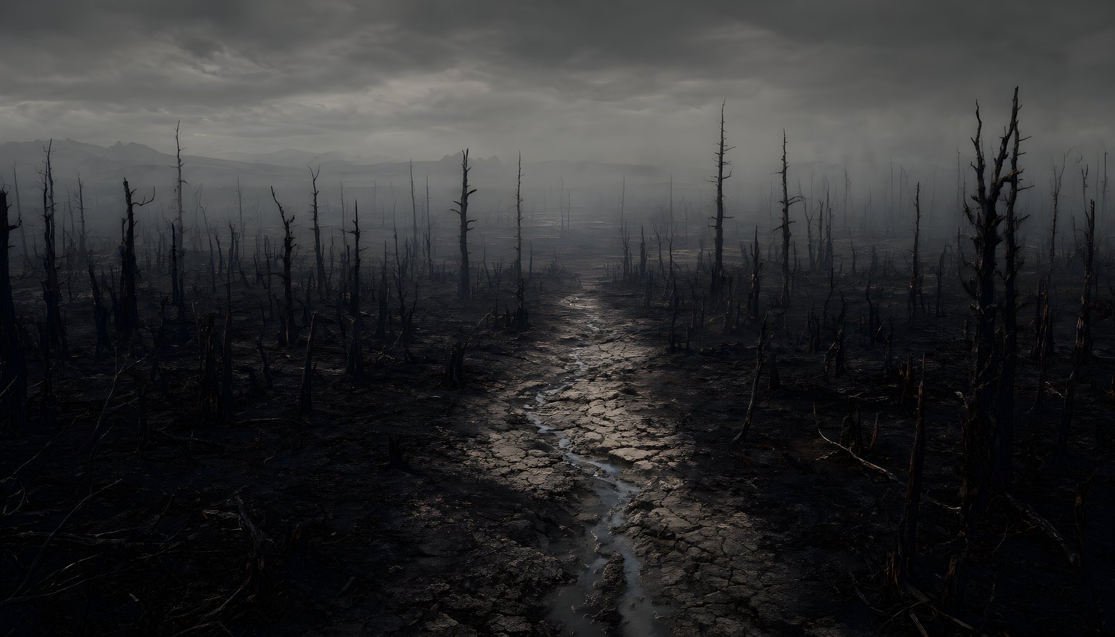 The Burnt: charred land, half-burnt trees and low gray clouds. Cracked Earth
