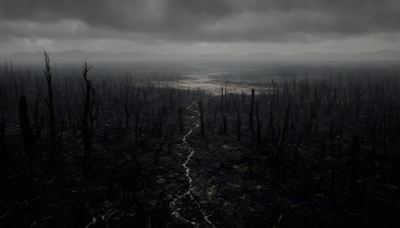 The Burnt: charred land, half-burnt trees and low gray clouds. A Thread of Water