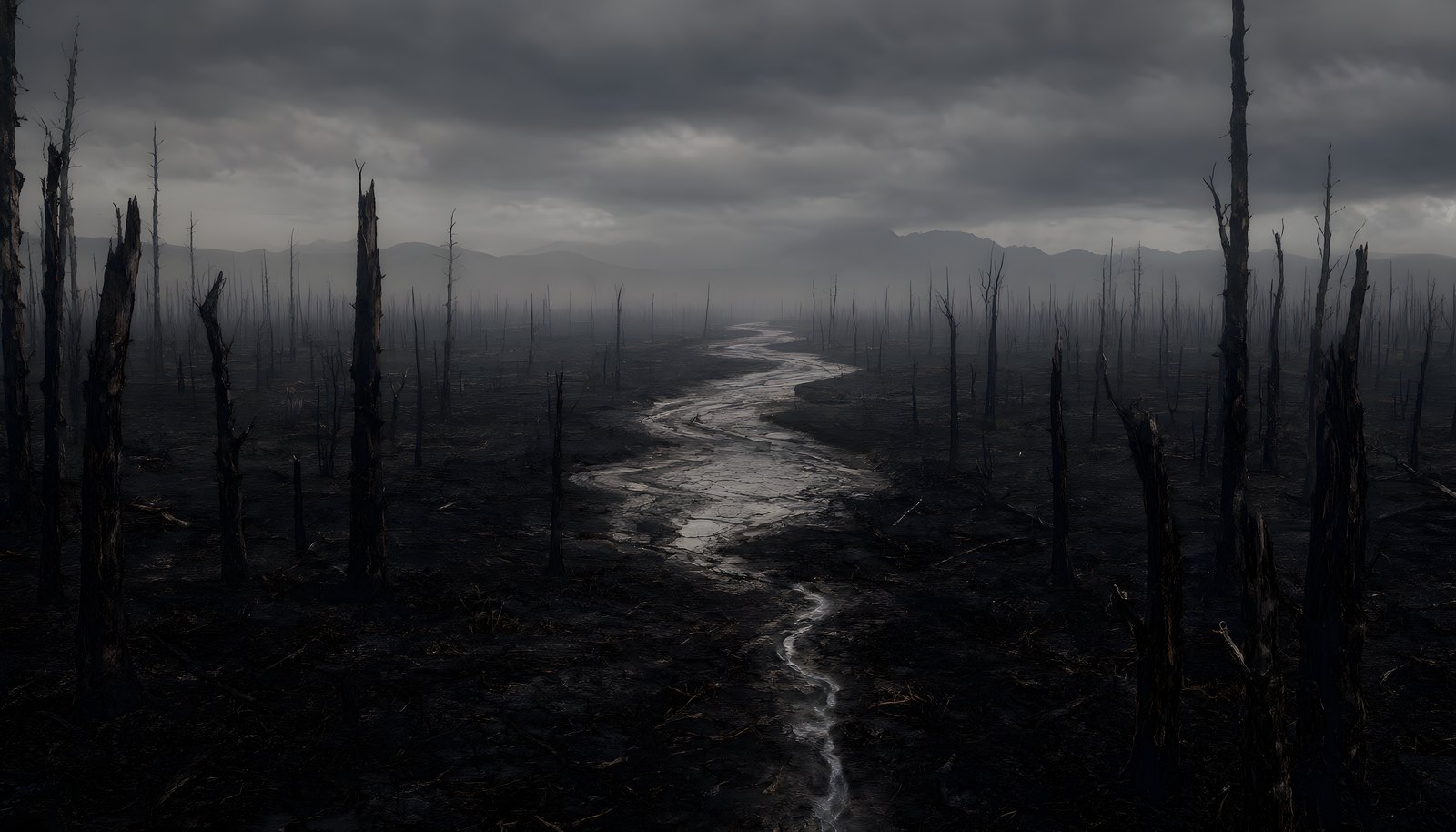 The Burnt: charred land, half-burnt trees and low gray clouds. The Far Reaches