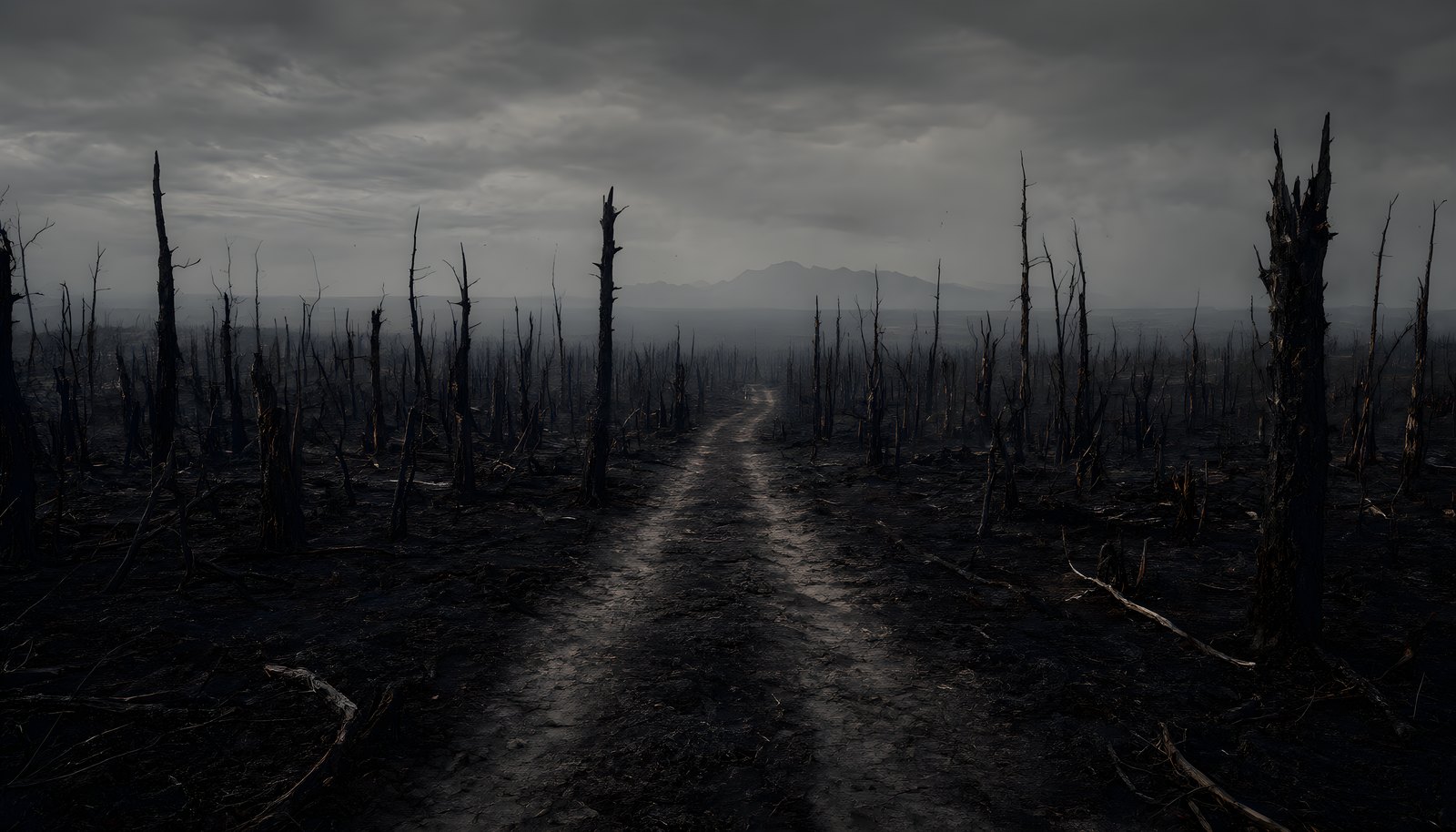 The Burnt: charred land, half-burnt trees and low gray clouds. The Old Road North