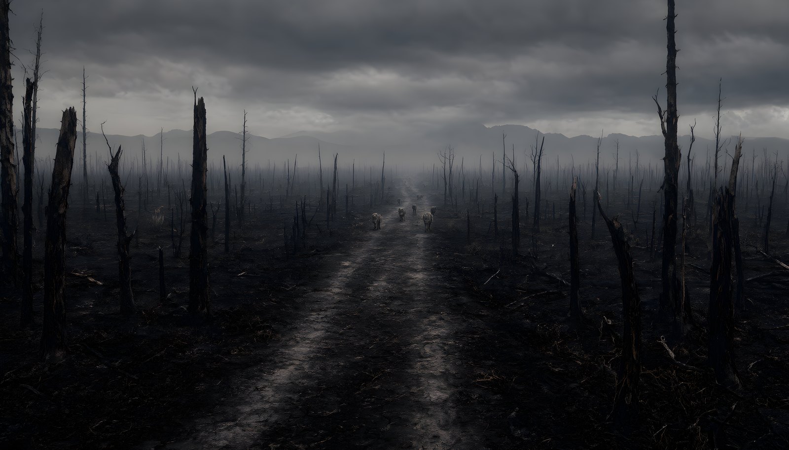 The Burnt: charred land, half-burnt trees and low gray clouds. The Road Few Take