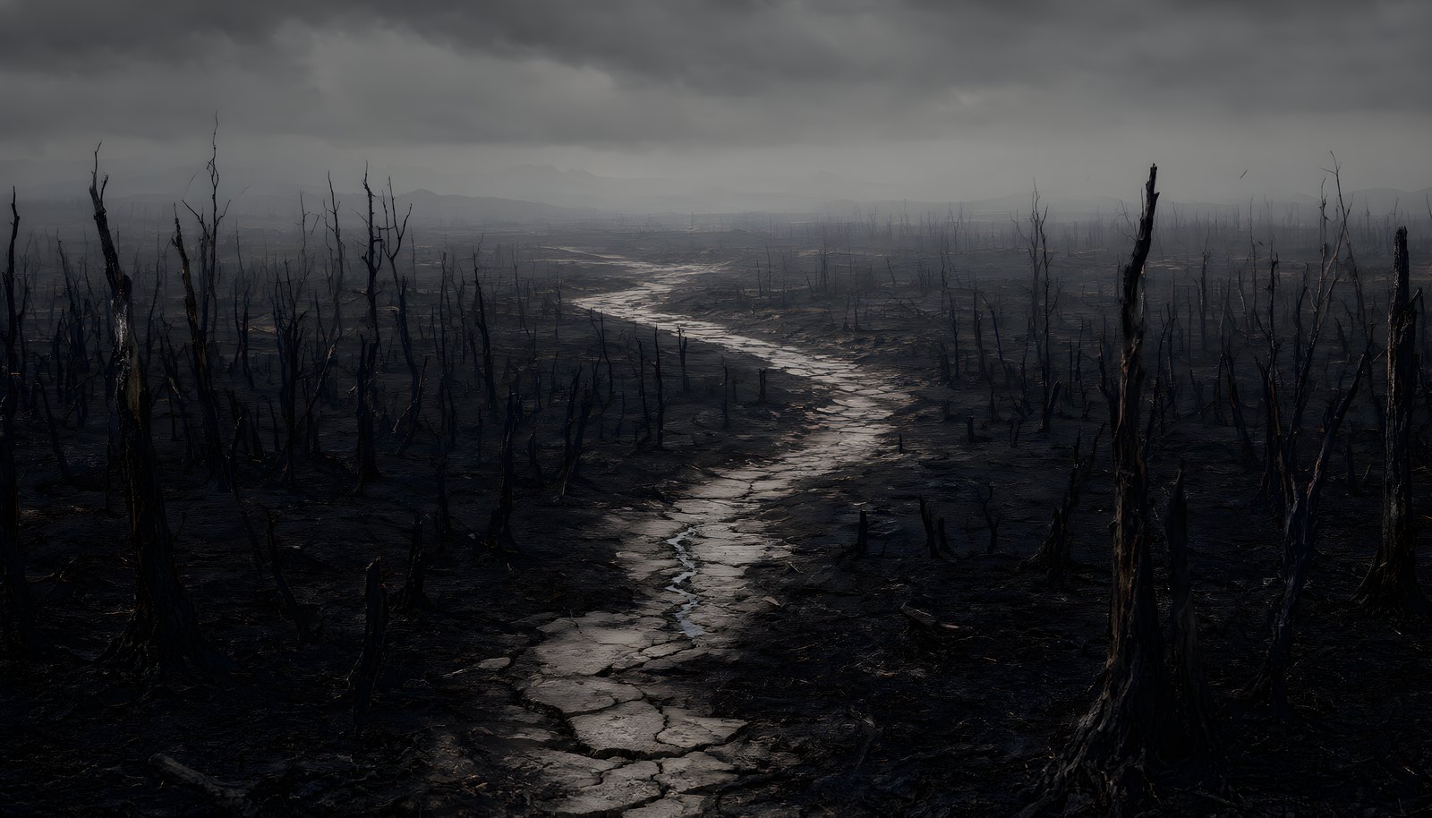 A thin trickle of water running down the middle of a wide cracked riverbed between charred banks and dead trees, under gray cloud