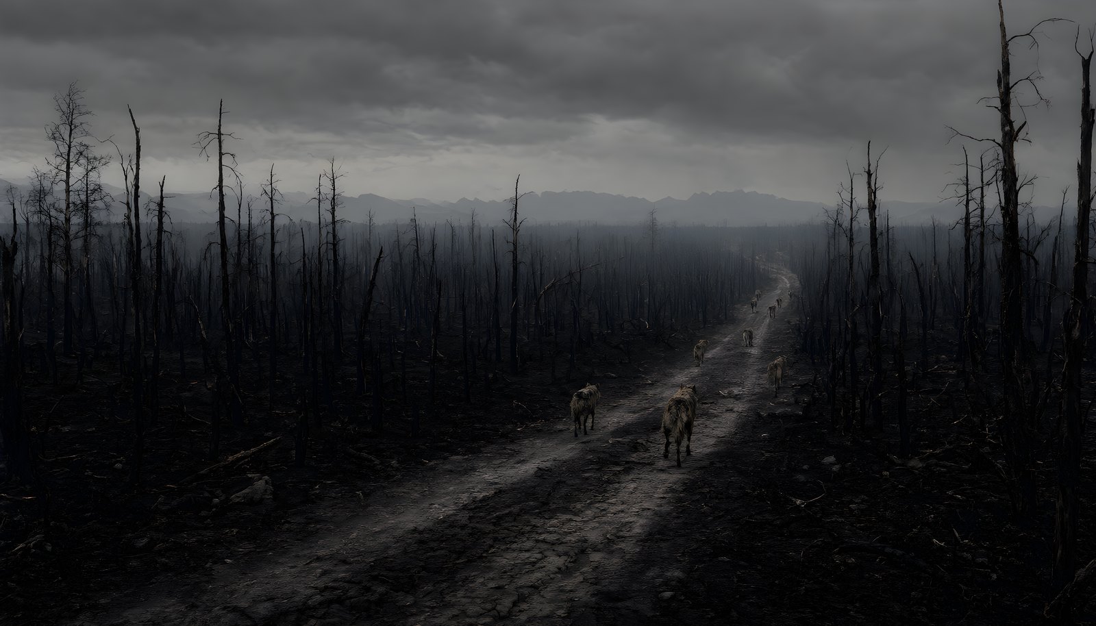 Gaunt wolves on an ash road between blackened trees under a dark gray sky