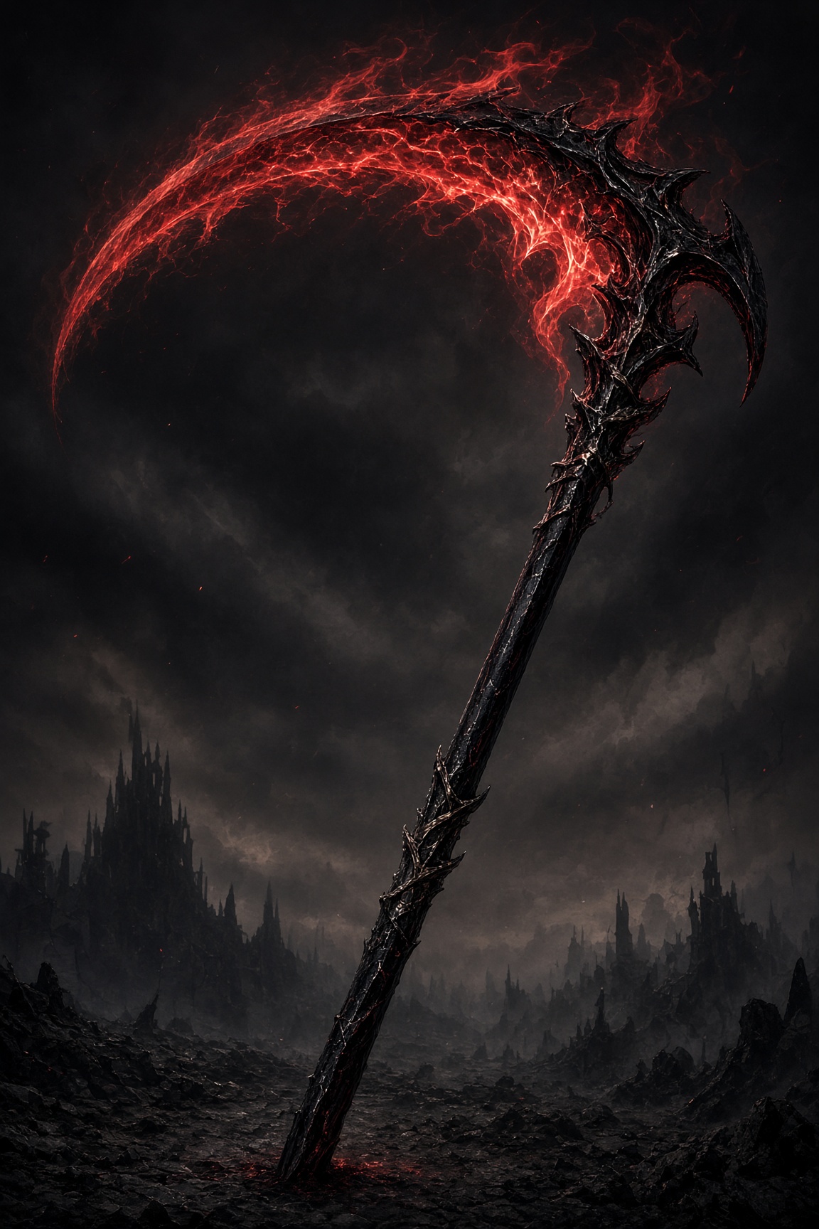 The Final Hour, a colossal black scythe wreathed in burning red flame against a ruined dark landscape
