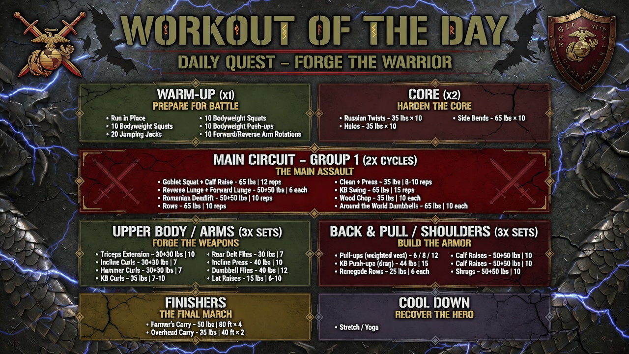 Workout of the Day: Daily Quest, Forge the Warrior, a full kettlebell circuit breakdown covering warm-up, core, main circuit, upper body, back and shoulders, finishers, and cool down